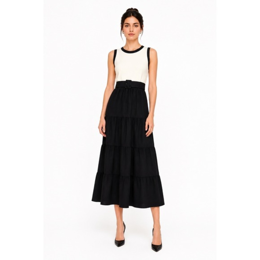 Women's Dress by DKNY Sleeveless Tiered Midi Black White 10 New With‎ Tags